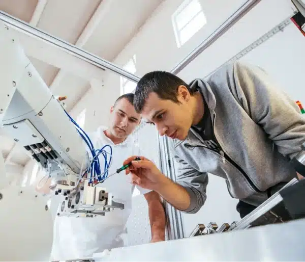 Professor, working with a student on a machine